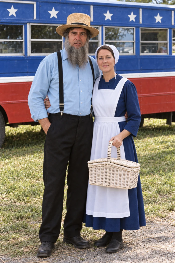 Jacob and Martha standing together, Martha holding a woven basket.